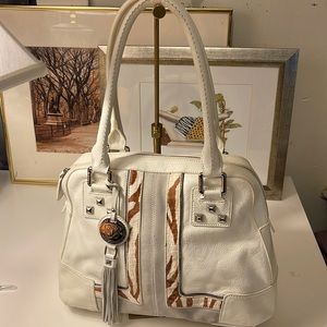 SHARIF CREAM/OFF WHITE,COW HAIR & GRAY SUEDE DESIGN LEATHER SATCHEL PURSE
